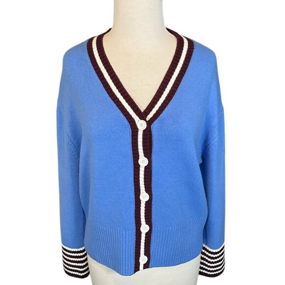 NWT French Connection Preppy Blue, White, Maroon Cardigan Medium Button Down 90s - Picture 1 of 10